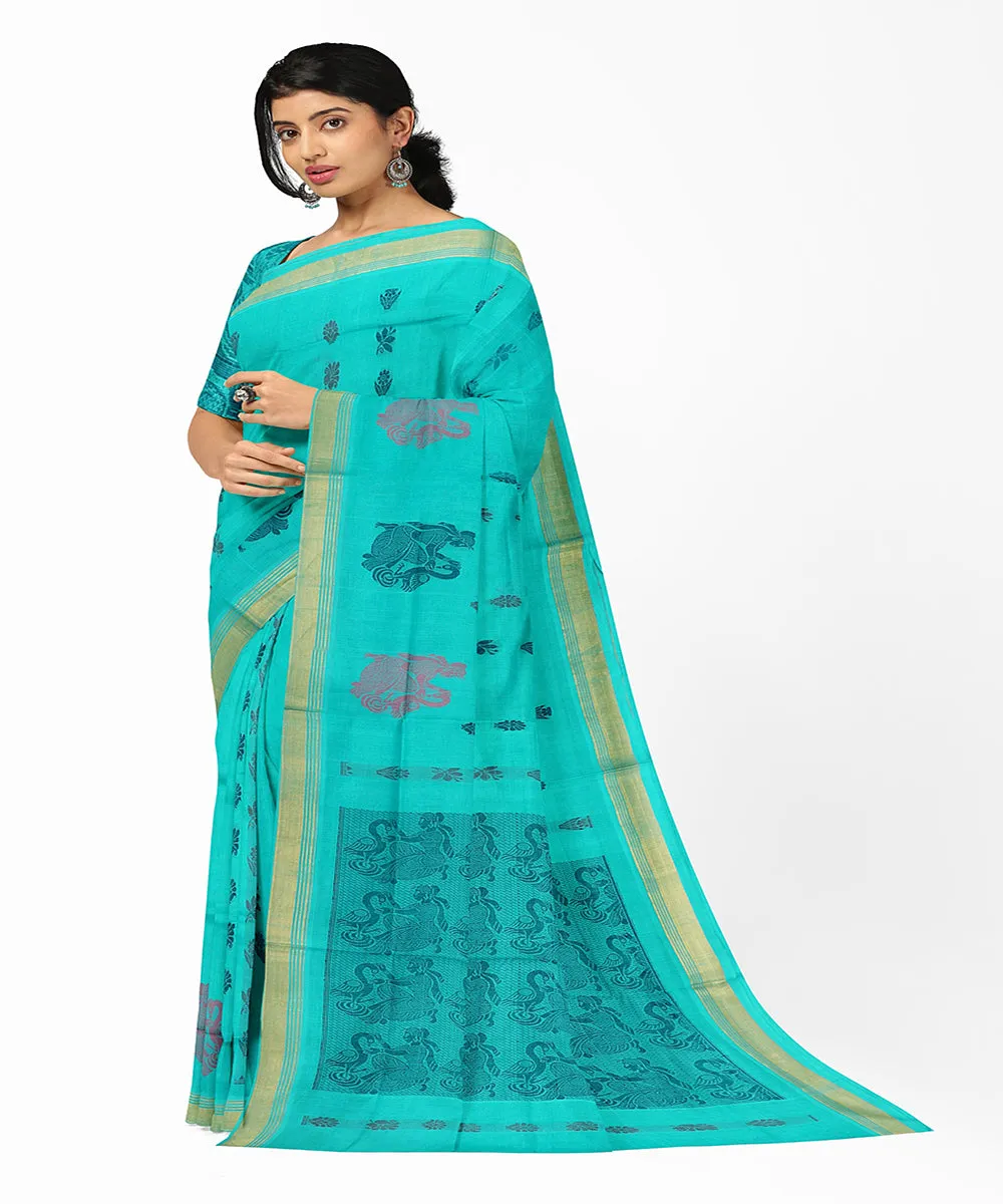 Sea green plain butta handwoven rajahmundry cotton saree