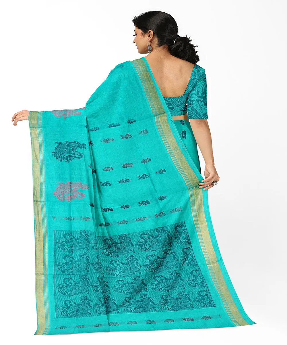 Sea green plain butta handwoven rajahmundry cotton saree